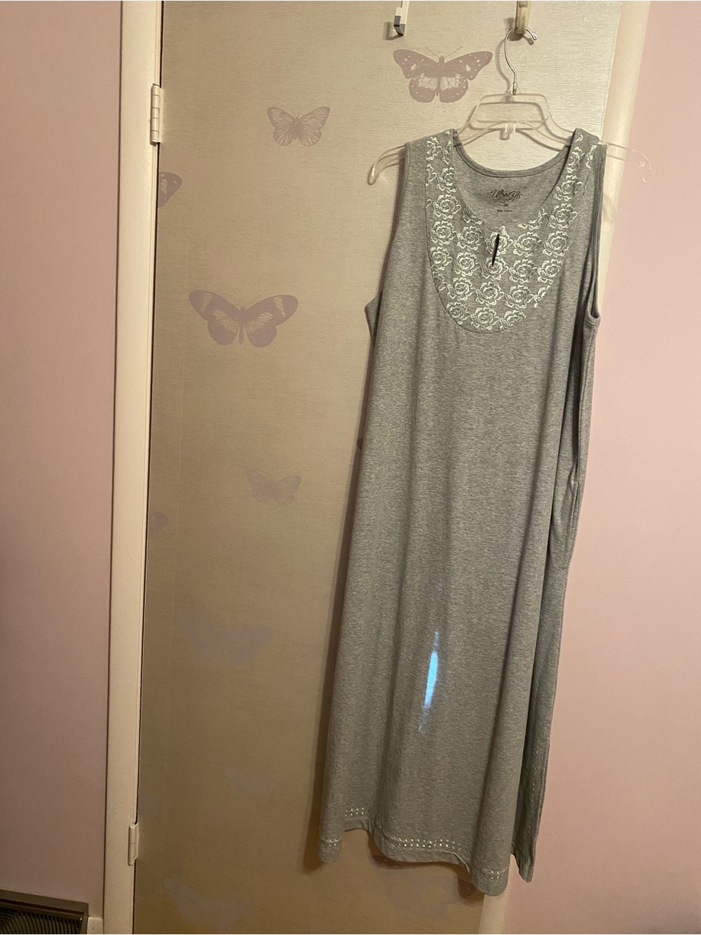 Sleeveless Gray Maxi Lounge Dress with Sage roses  Lace Yoke. 1X